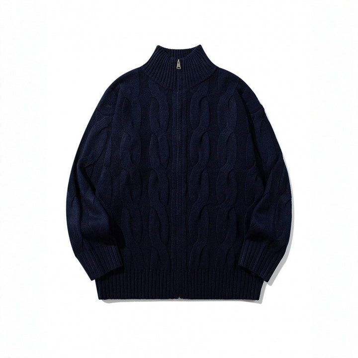 Unisex Grobgestrickter Reißverschluss-Cardigan mit Zopfmuster und hohem Rippkragen Drune
