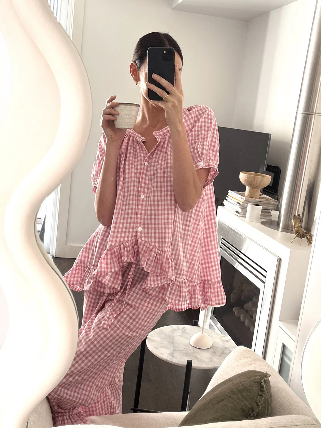 Damen Pyjama-Set mit Rüschen und Karomuster Drune