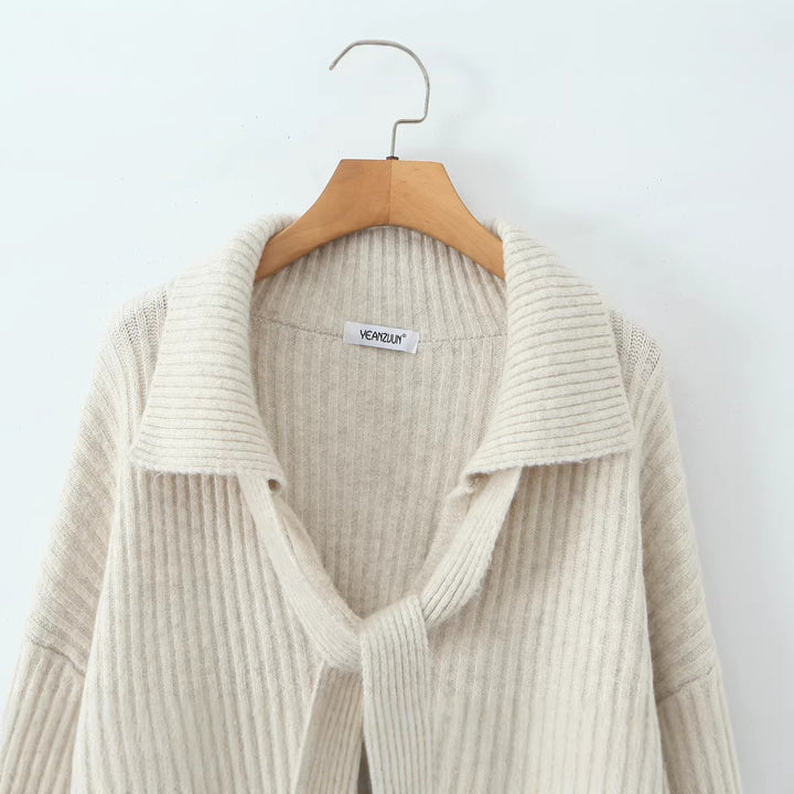 Damen Gerippter Strickzweiteiler mit weitem V-Ausschnitt, langem Schal und Palazzo-Hose Drune