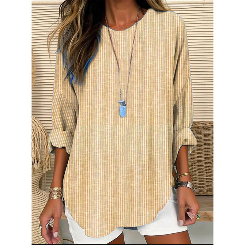 Damen Casual Leinenlook Lange Bluse mit feinen Streifen Drune