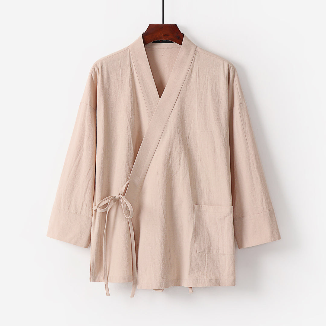 Damen Kimono-Cardigan aus Baumwoll-Leinen mit dreiviertelärmeln Bindegürtel und aufgesetzten Taschen Drune