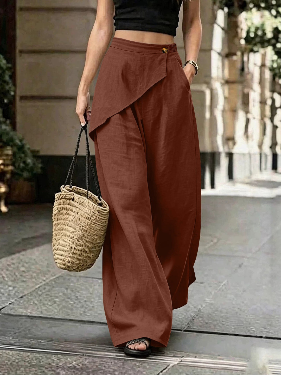 Damen Leichte Leinenhose mit Wickel-Front und weitem Bein Drune