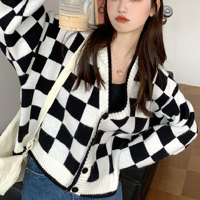 Damen Grobstrickjacke mit Karomuster und bequemen Knopfdetails Drune