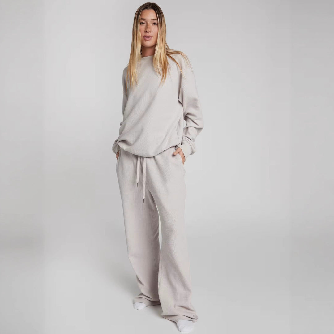 Damen geräumiges Waffelstrick-Loungewear-Set mit Rundhalsausschnitt und Tunnelzughose Drune
