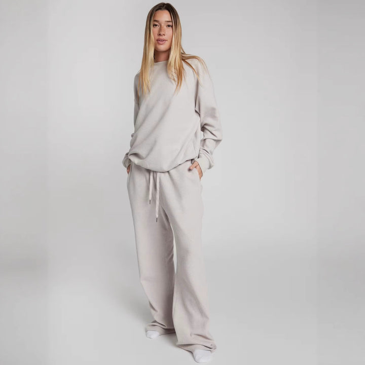 Damen geräumiges Waffelstrick-Loungewear-Set mit Rundhalsausschnitt und Tunnelzughose Drune