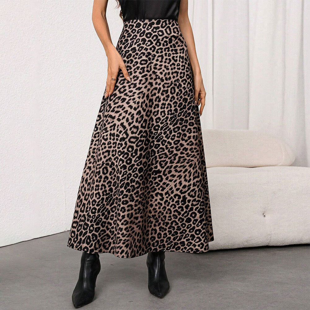 Damen Maxirock mit hohem Bund, ausgestellter A-Linie und markantem Leopardenprint Drune