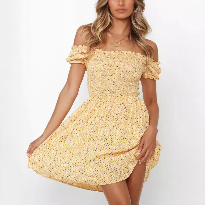 Damen Off-Shoulder Sommerkleid mit elastischem Oberteil und verspielten Rüschendetails Drune