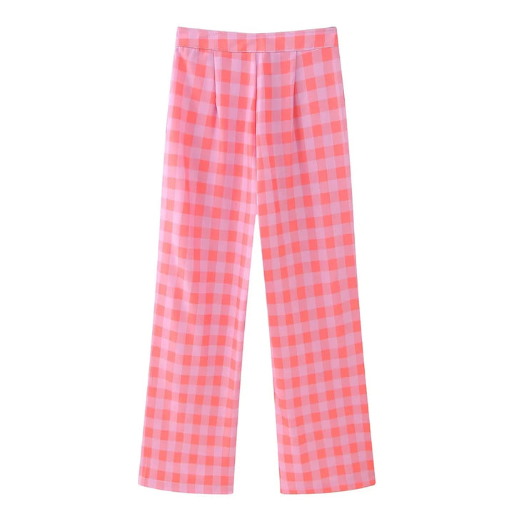 Damen elegante Freizeithose mit Karo-Muster und hohem Bund Drune