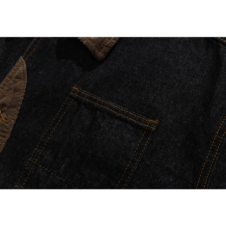 Herren Boxy Denim-Workerjacke mit Cordkragen, Pattentaschen und Ellbogenpatches Drune