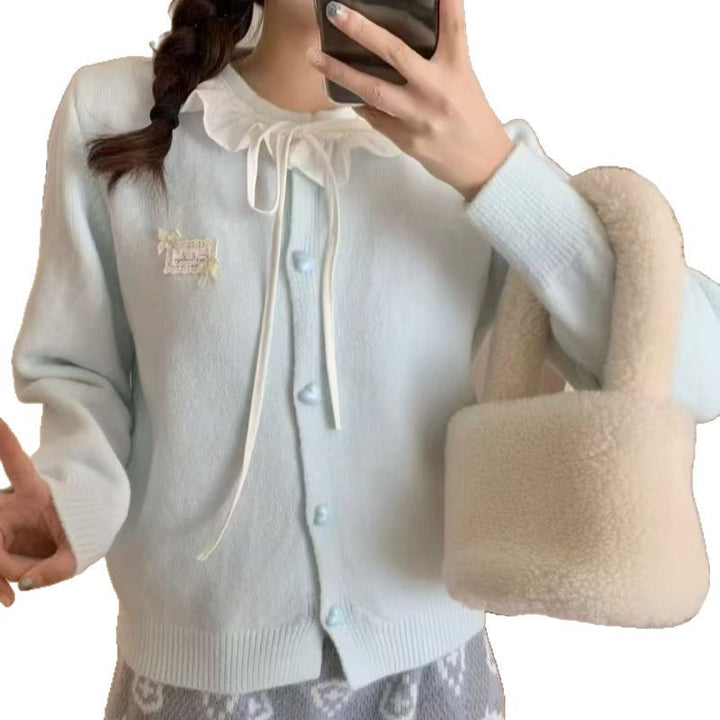 Damen verspielte Strickjacke mit Rüschendetail und perlenähnlichen Knöpfen Drune