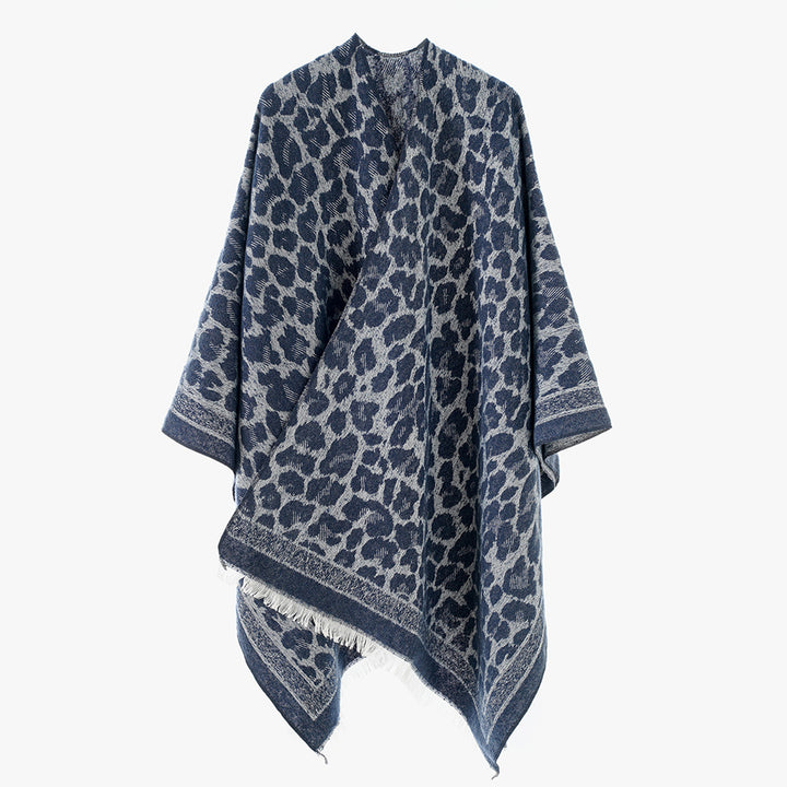 Damen Grobgewebter Überwurf im Denim‑Look mit tonigem Animal‑Jacquard und Fransensaum Drune