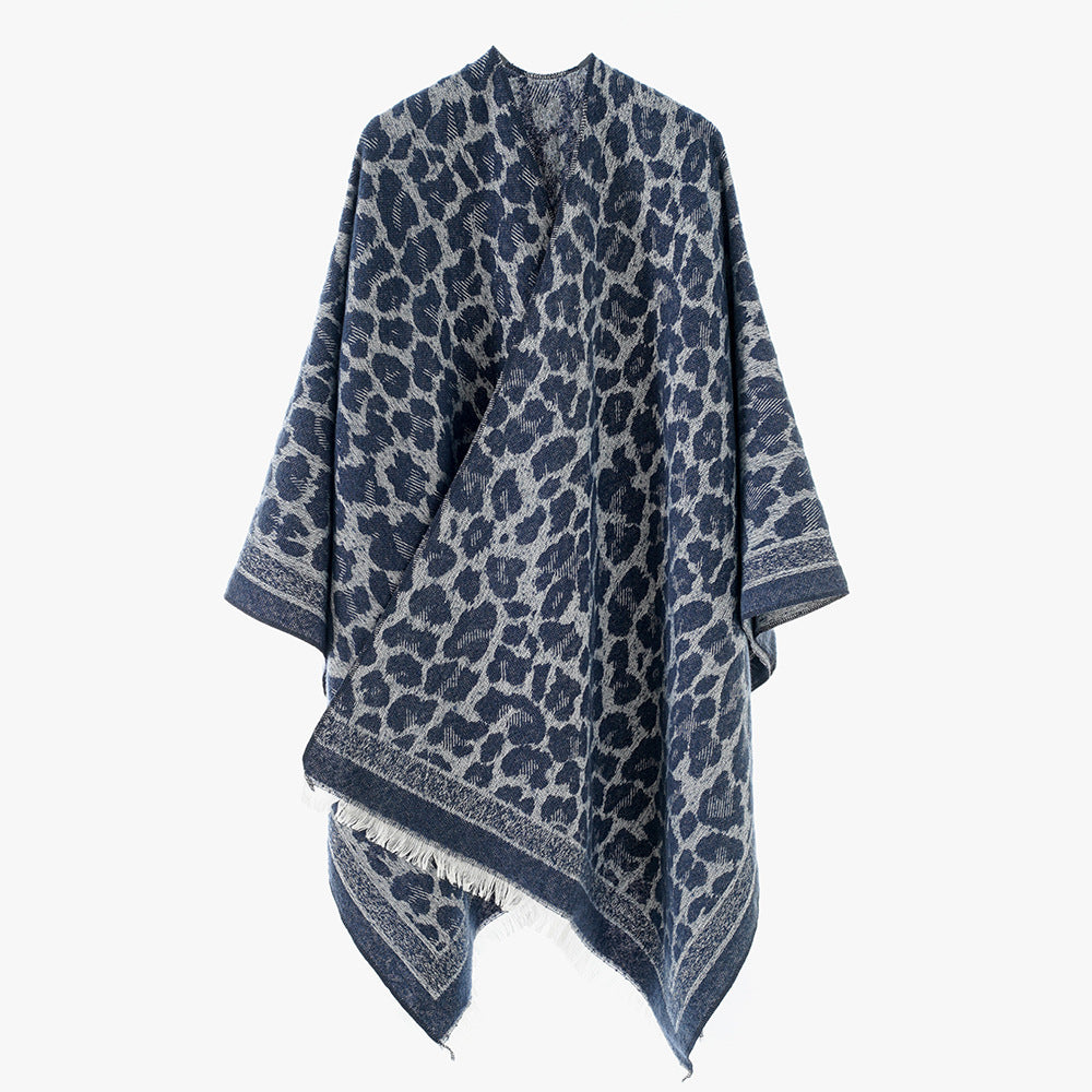 Damen Oversize‑Cape mit Jacquard‑Leomuster, offenem Fall und Fransen Drune