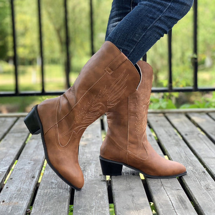 Damen Cowboy-Stiefel mit hohem Absatz und kunstvollen Stickereien Drune