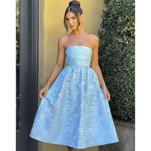 Damen schulterfreies A-Linien Kleid mit luxuriösem Blumenmuster Drune