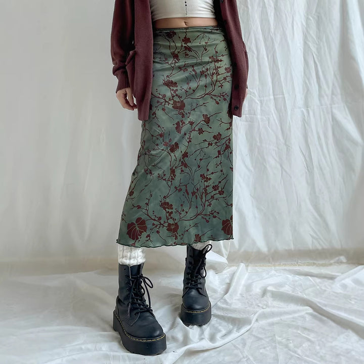 Damen Satin Midirock mit floraler Samtapplikation und schmaler Silhouette Drune
