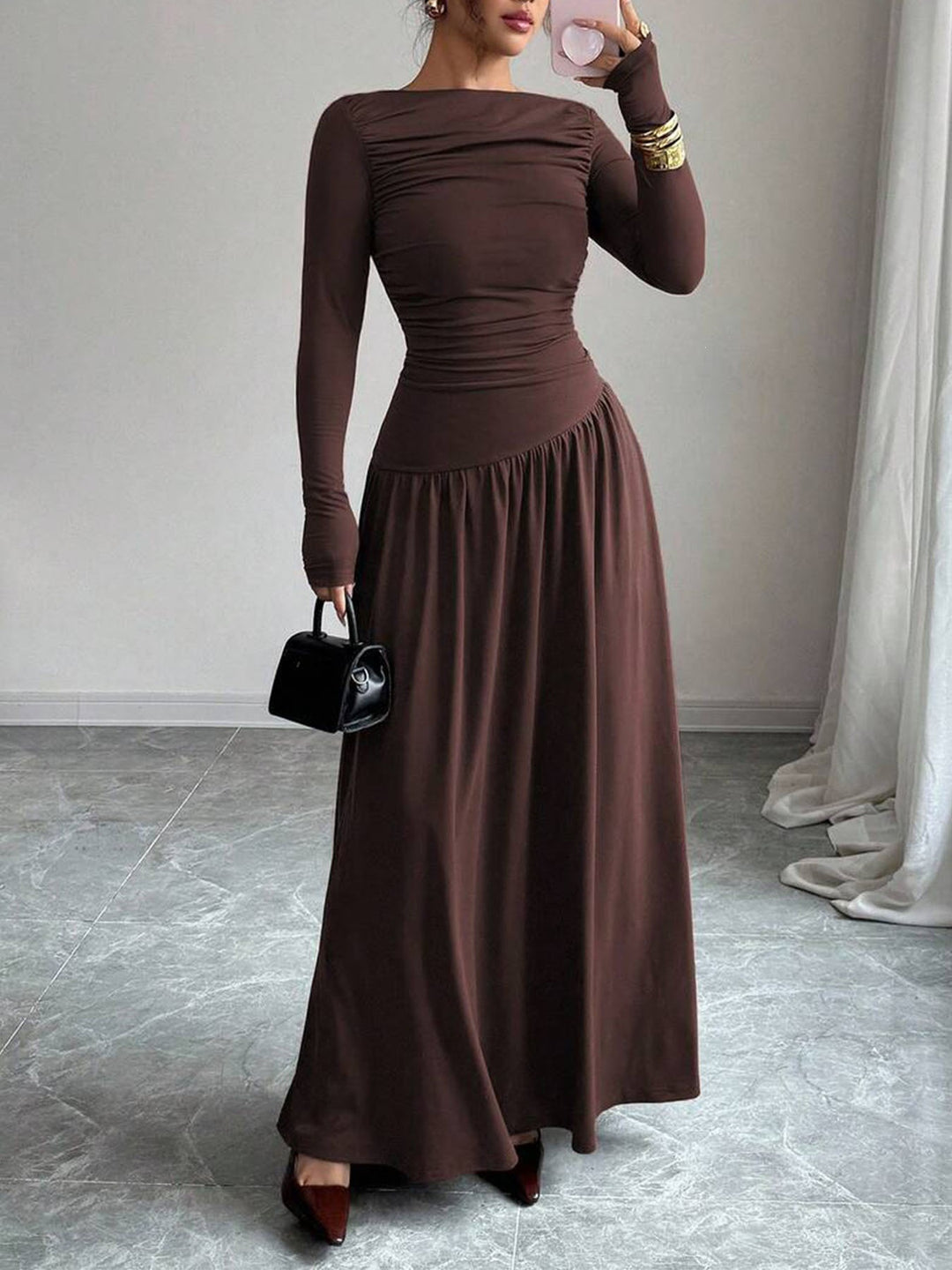 Damen Maxikleid mit gerafftem Oberteil, tailliertem Bund und Langarm Drune