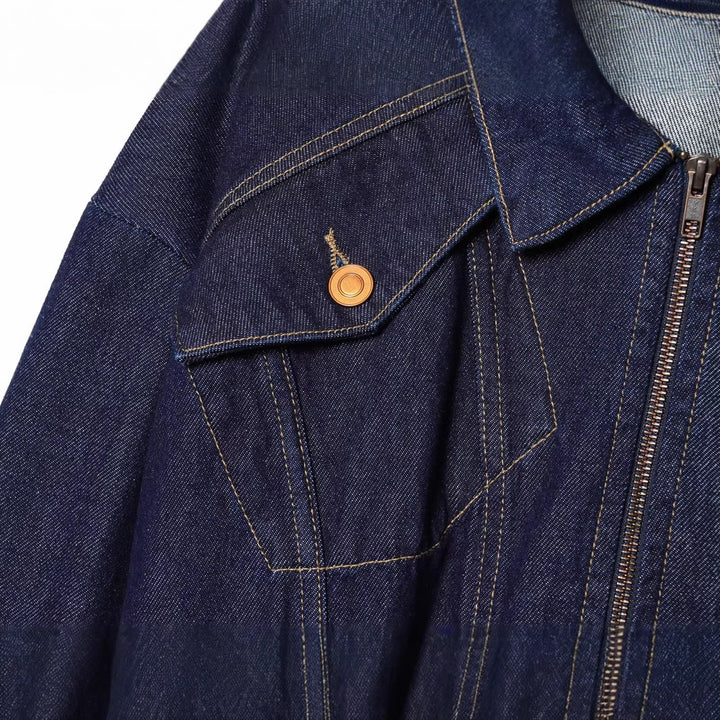 Damen Cropped Jeansjacke mit Reißverschluss, taillierter Tunnelzug und Pattentaschen Drune