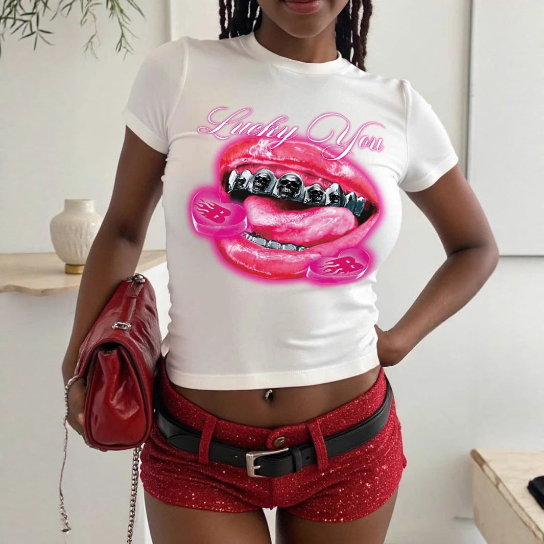 Damen T-Shirt mit kreativem Lippenmotiv und auffälligem Grafikdruck Drune