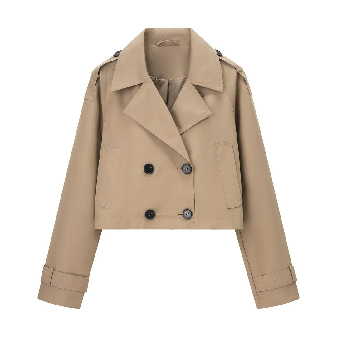 Damen nan kurzgeschnittener Cropped‑Trenchcoat mit doppelreihiger Knopfleiste und Schulterklappen Drune
