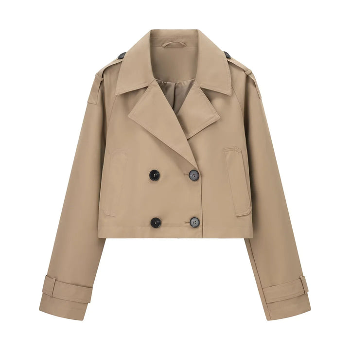 Damen nan kurzgeschnittener Cropped‑Trenchcoat mit doppelreihiger Knopfleiste und Schulterklappen Drune