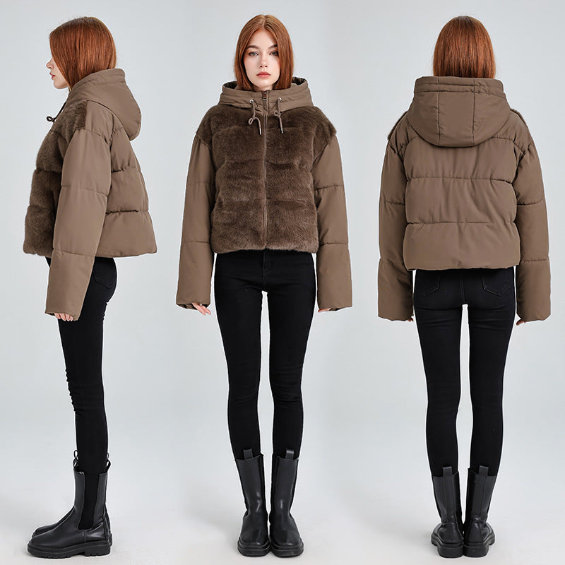 Damen Kurze Hybrid-Winterjacke mit samtiger Kunstfellfront und Kapuzenkragen Drune