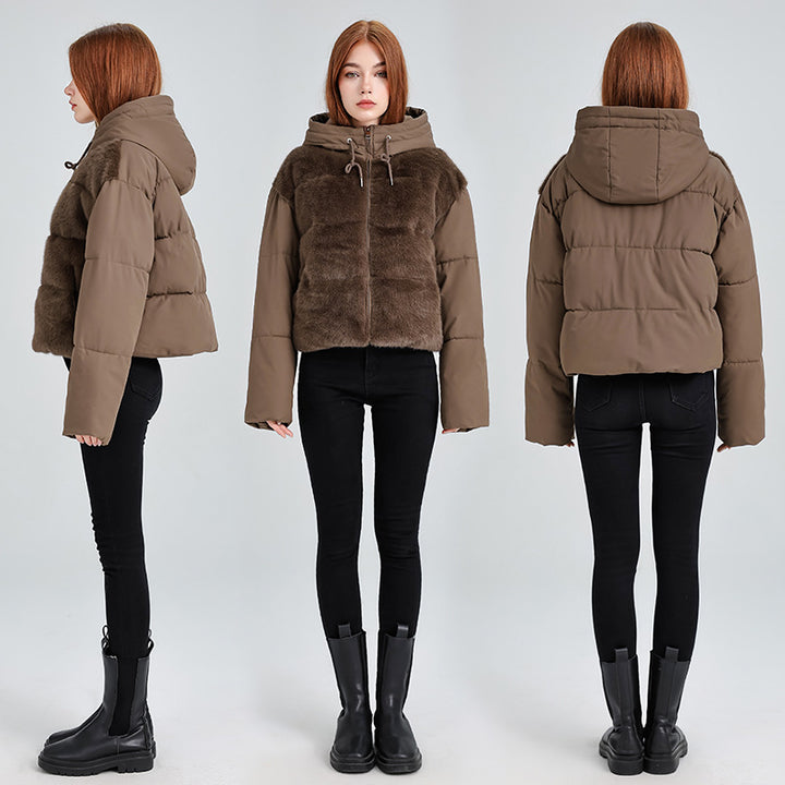Damen Kurze Hybrid-Winterjacke mit samtiger Kunstfellfront und Kapuzenkragen Drune