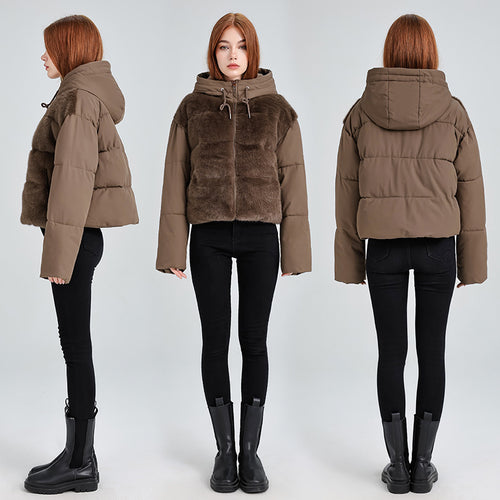 Damen Kurze Hybrid-Winterjacke mit samtiger Kunstfellfront und Kapuzenkragen Drune