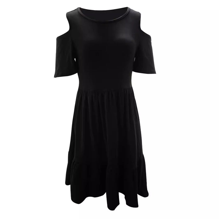 Damen lässiges Kleid mit kaltem Schulterdesign und voluminösem Rock Drune