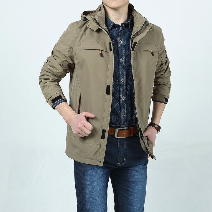 Herren Leichte Kapuzen-Fieldjacke im Urban-Utility-Stil mit Reißverschluss und Multifunktionstaschen Drune