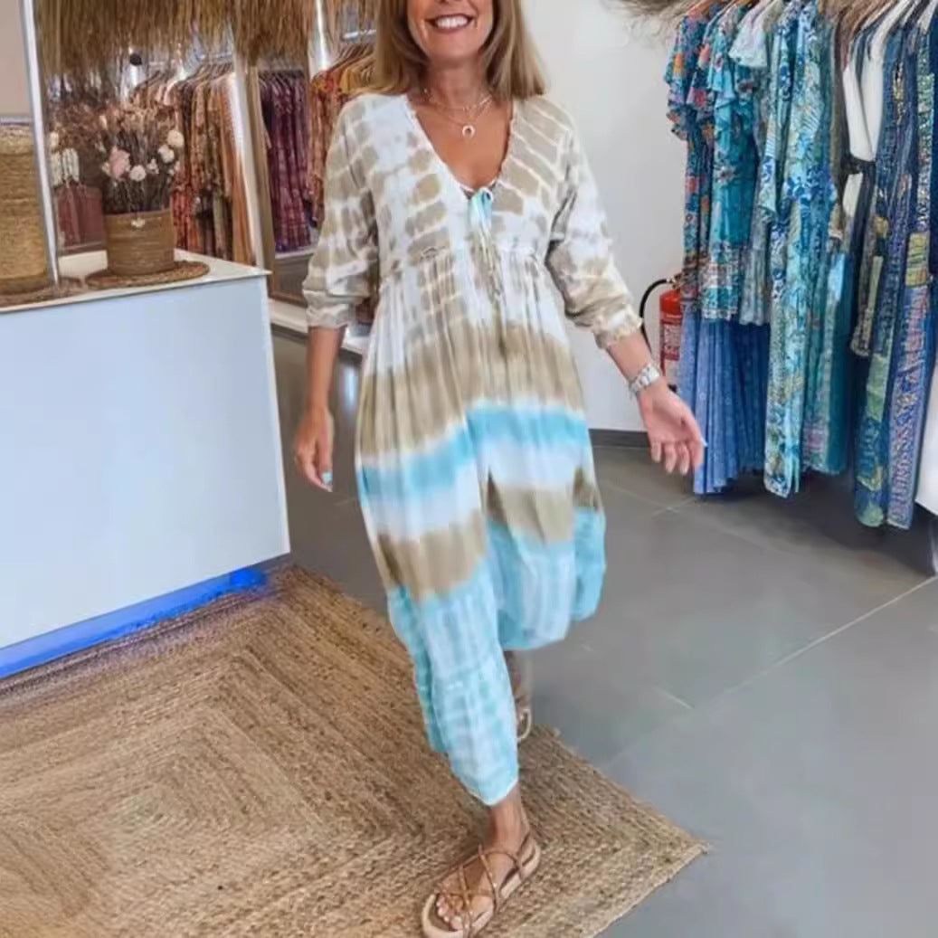 Damen nan luftiges Batik-Stufenkleid mit V-Ausschnitt, Empire-Taille und elastischen Ärmeln Drune