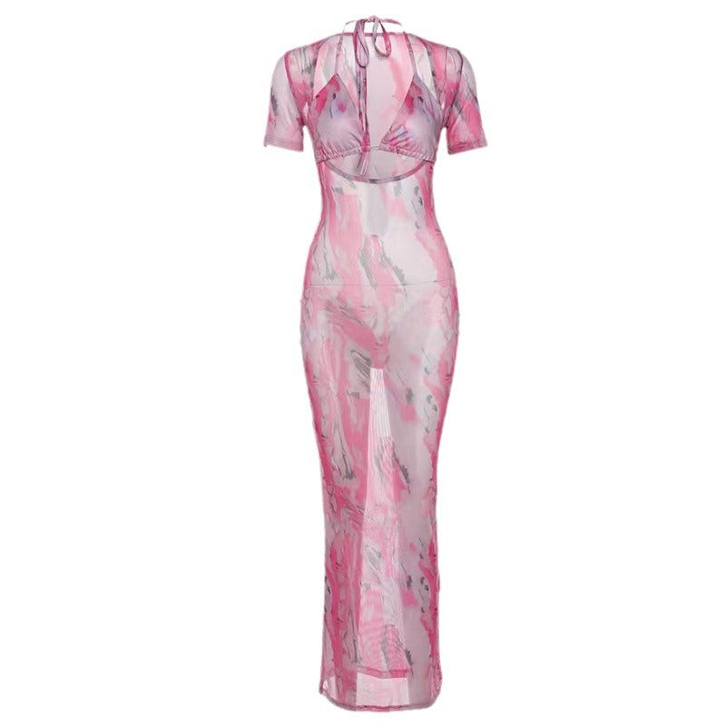Damen Schickes Wickelkleid mit tiefem Ausschnitt und buntem Marmor-Muster Drune