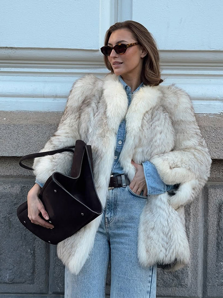 Damen Boxy-Kunstpelzjacke mit strukturierter Shag‑Optik und voluminösem Schalkragen Drune