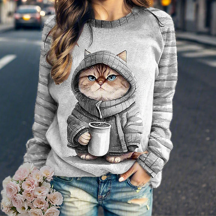 Damen nan lässiges Sweatshirt mit großem Kätzchen-Frontprint und gestreiften Raglanärmeln Drune