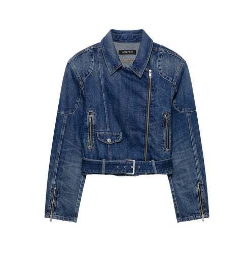 Damen Kurze Denim-Bikerjacke mit Gürtel und asymmetrischem Reißverschluss Drune