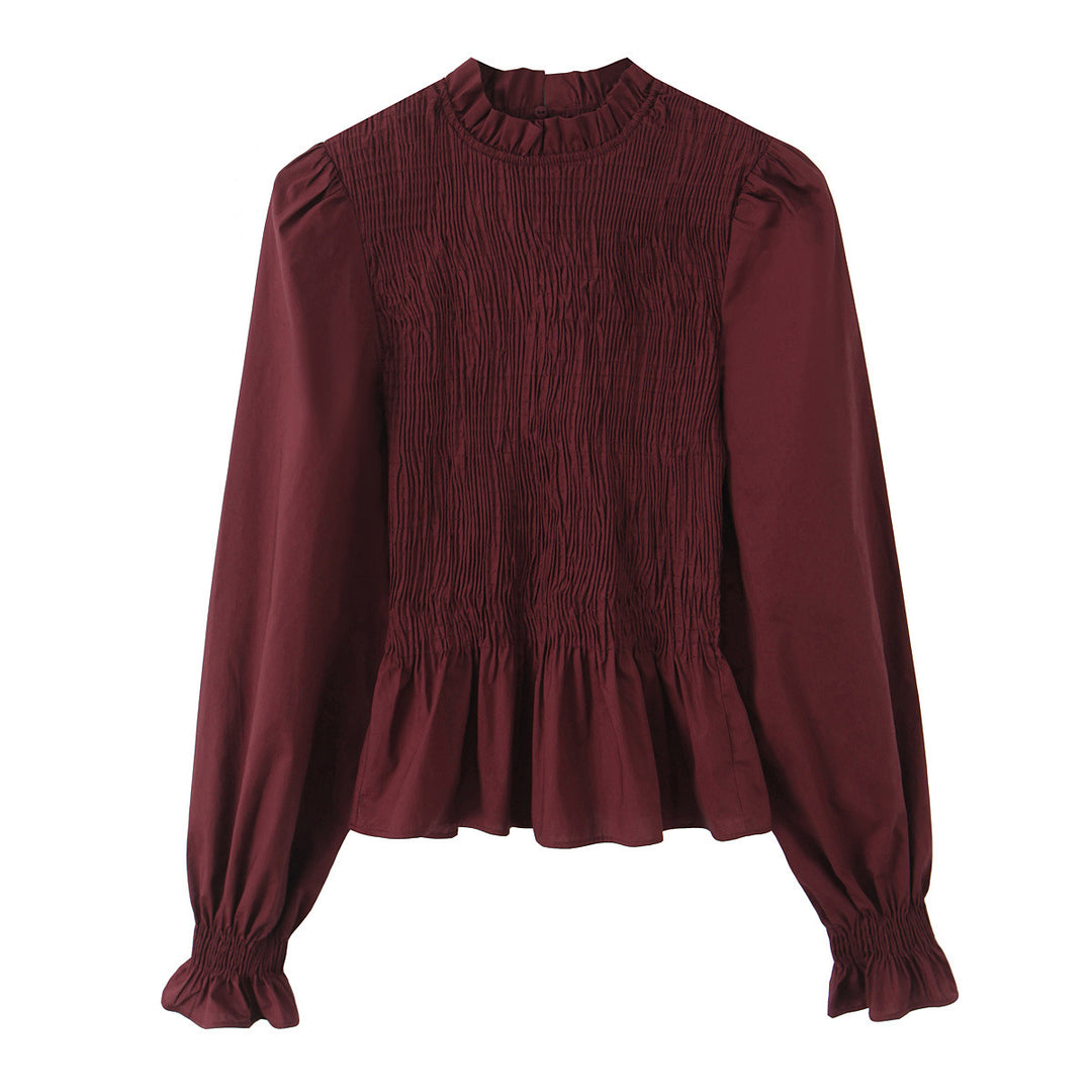 Damen Gestreifte Bluse mit Smok-Front, Stehkragen und Volant-Saum Drune