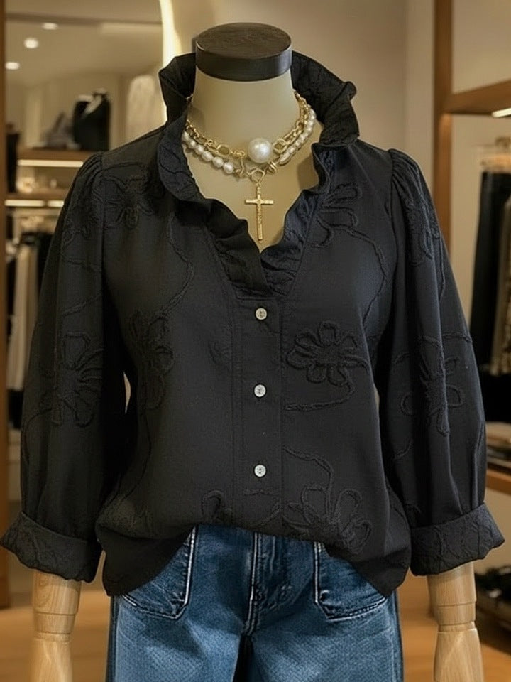 Damen elegante Bluse mit floralen Stickereien und voluminösen Ärmeln Drune