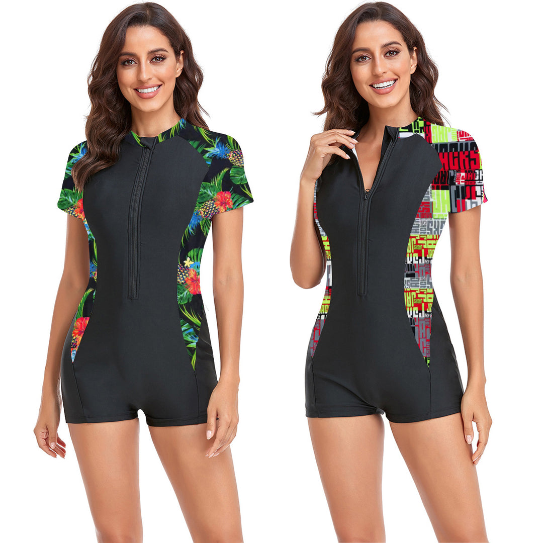 Damen Sportlicher Schwimmanzug mit kurzem Arm und buntem Floralprint Drune
