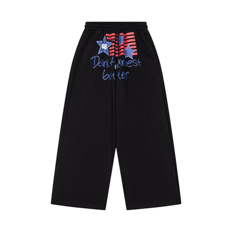 Damen Weite Culotte-Loungehose mit hohem Komfortbund, Kordelzug und Stern-Flaggen-Print Drune