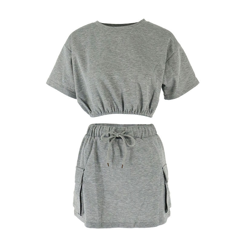Damen lässiges Freizeit-Set mit cropped T-Shirt und Rock Drune