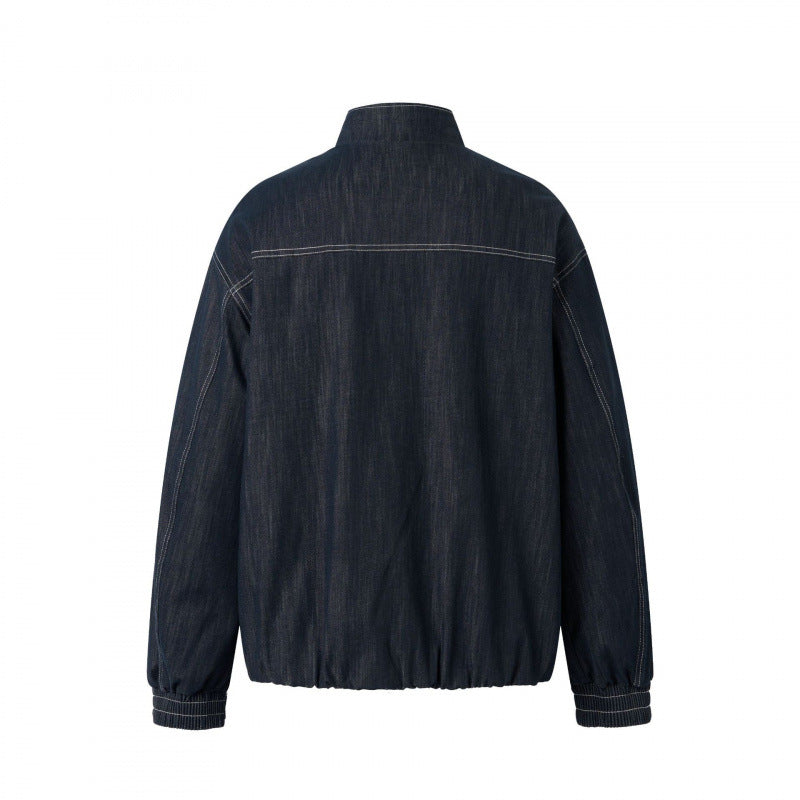 Unisex Kastenförmige Jeans-Blousonjacke mit Stehkragen, Reißverschluss und elastischem Saum Drune