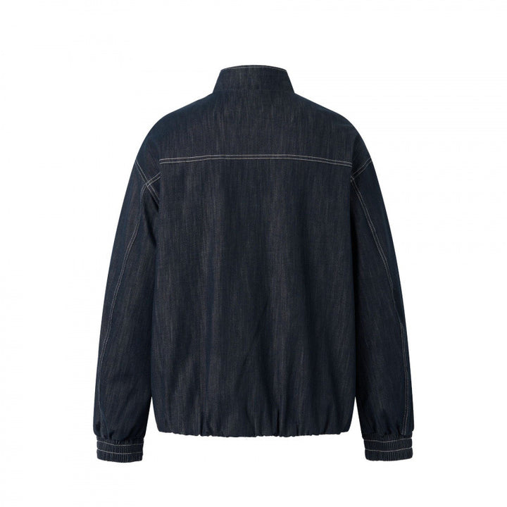 Unisex Kastenförmige Jeans-Blousonjacke mit Stehkragen, Reißverschluss und elastischem Saum Drune