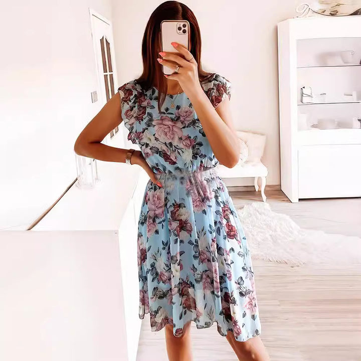 Drune | Elegante Kleid Ohne Ärmel Blumen mit V-Ausschnitt und Gürtel