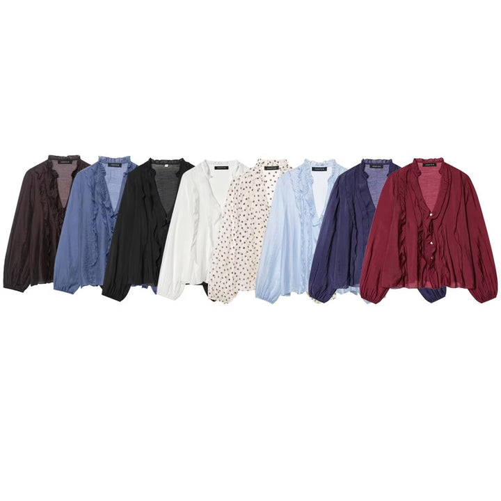 Damen Leichte Chiffon-Bluse mit Volantknopfleiste und Ballonärmeln Drune