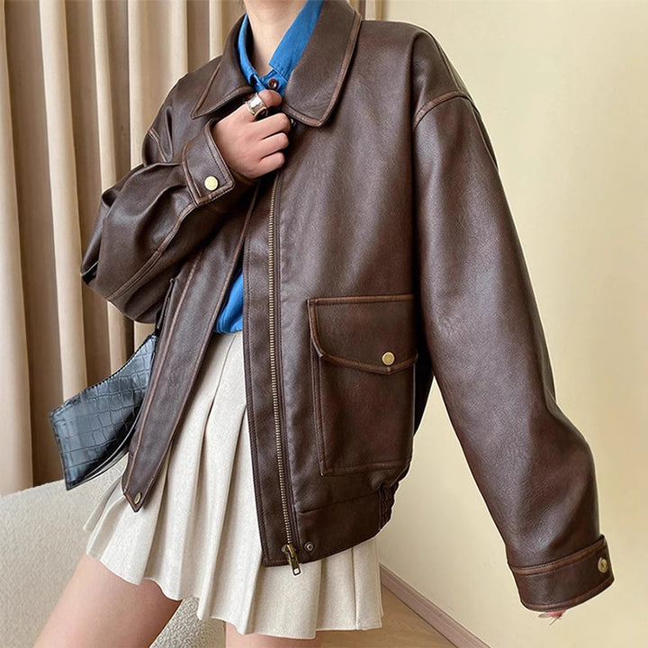 Damen Oversize-Lederimitatjacke mit Hemdkragen und Reißverschluss Drune