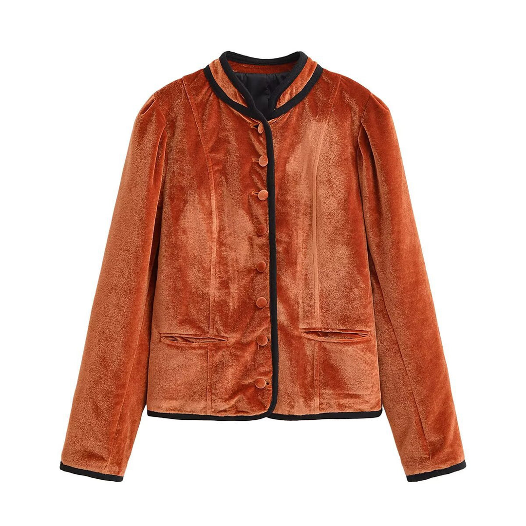 Damen Samtjacke im Blazer-Stil mit Stehkragen und bezogenen Knöpfen Drune
