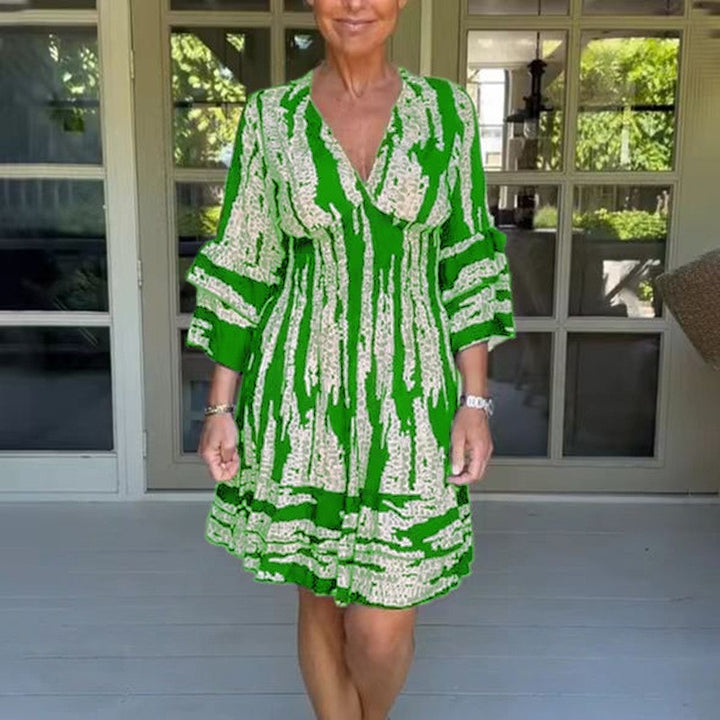Damen romantisches V-Ausschnitt Kleid mit weiten Ärmeln und floralem Design Drune