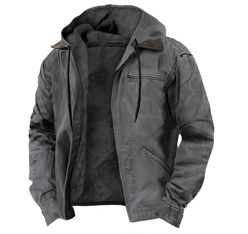 Herren Gefütterte Kapuzenjacke mit Teddyfutter, winddichtem Canvas und Reißverschlusstaschen Drune