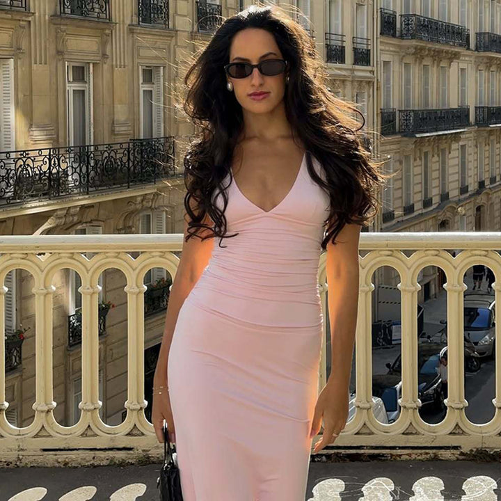 Damen Elegantes Kleid mit tiefem V-Ausschnitt und raffiniertem Rücken Drune