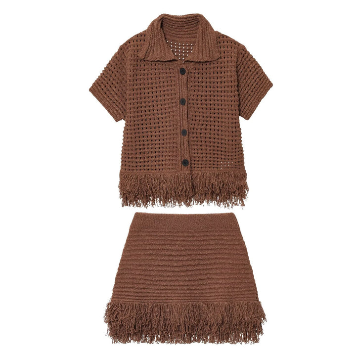Damen Kurzarm-Strickjacke mit fransigem Saum und dekorativen Knöpfen Drune