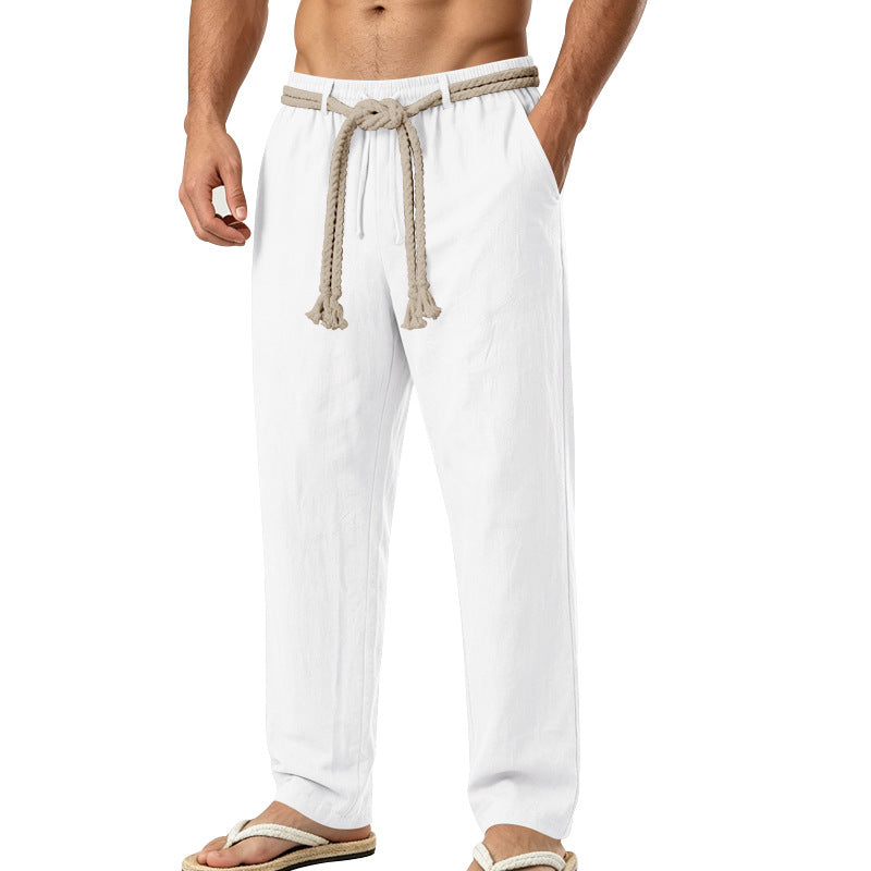 Herren lässige Leinen-Loungehose mit elastischem Bund, dekorativem Seilgürtel und Seitentaschen Drune